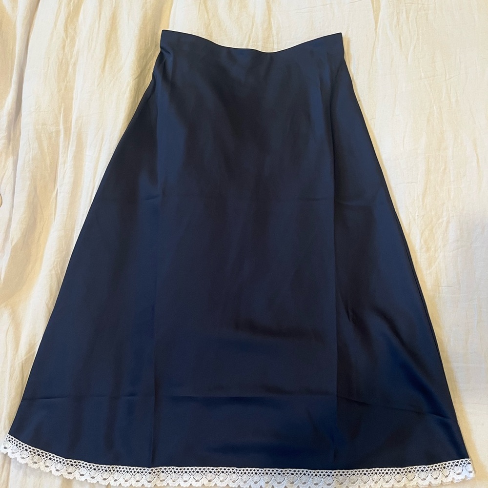 J. Crew Navy Blue A-Line Skirt with White Lace Hem